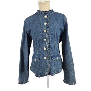 Baccini Blue Denim Jacket Women's L Mandarin Neck Ruffle Details Button Up